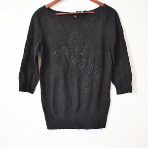 WHBM black 3/4 sleeve sweater with black bedazzled unicorn